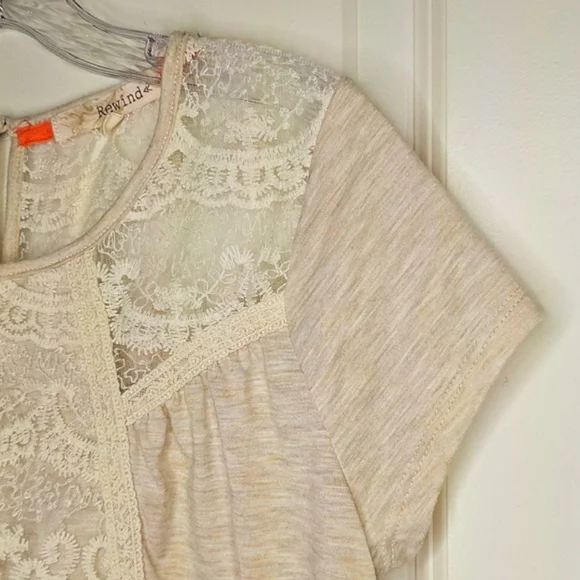❤️ Rewind Lace Panel Boho Blouse Medium Neutral Feminine Lace Short Sleeve Top - Picture 5 of 12